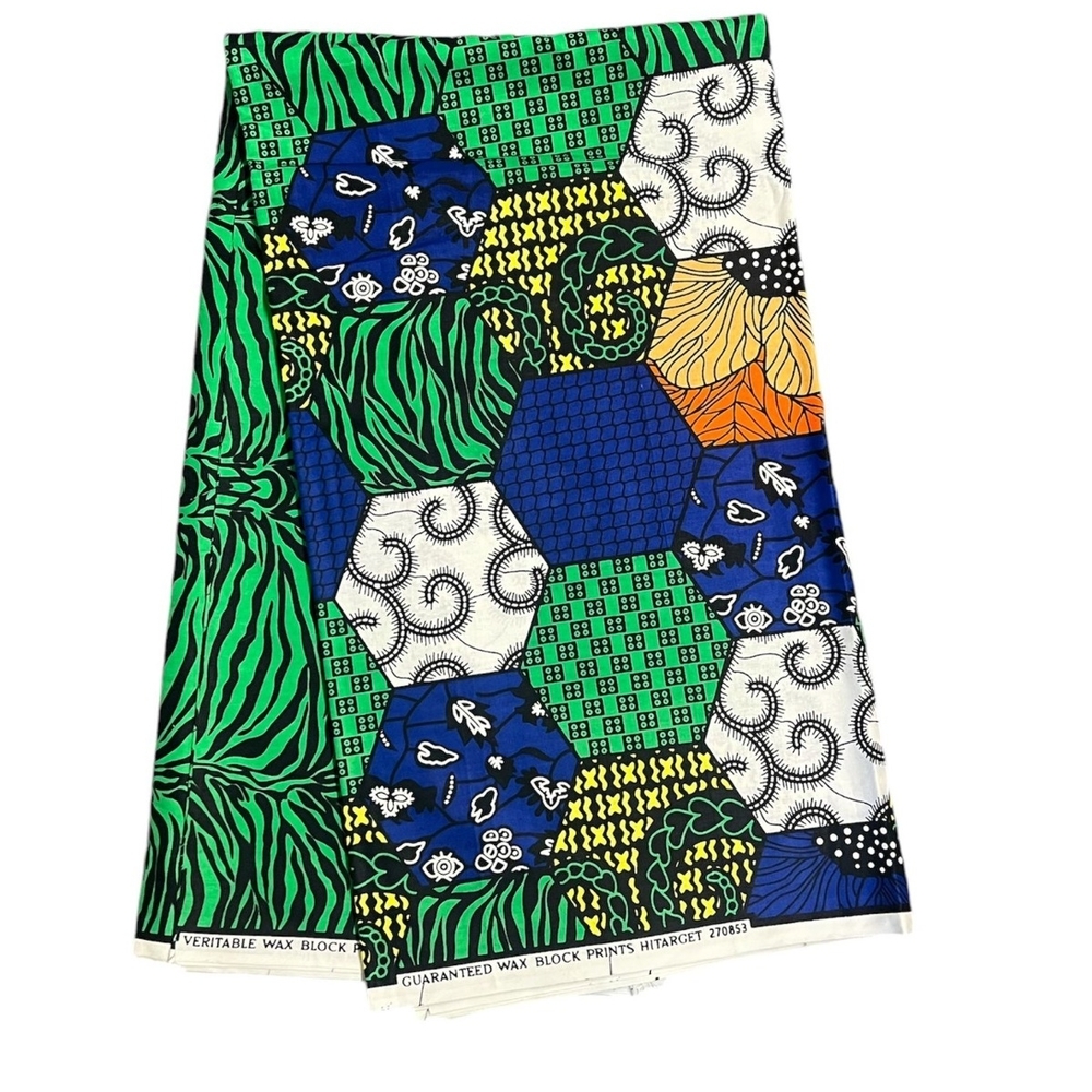 Colorful African Wax Print Fabric - Green, Blue, White, Yellow, Orange